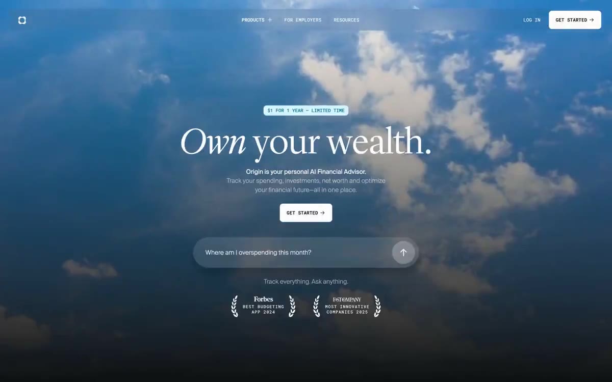 Origin Financial: midnight gallery of quiet wealth. A hushed, near-black room where oversized serif whispers and a few luminous color panels make finance feel like curated art.
