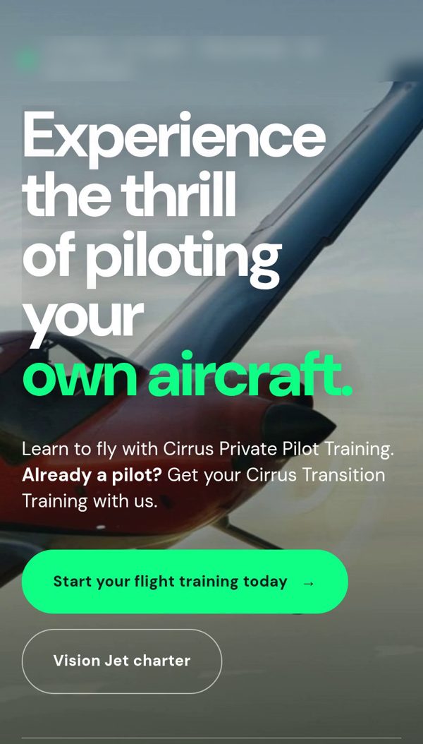 Flight school homepage design on a phone
