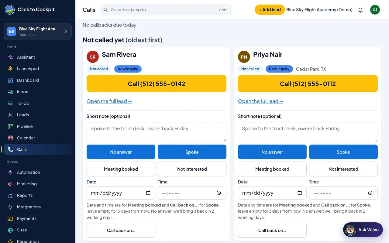 Click to Cockpit: Calls (real screen, demo school)
