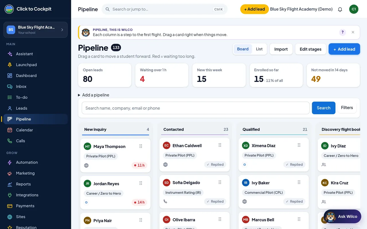 Click to Cockpit: Pipeline board (real screen, demo school)