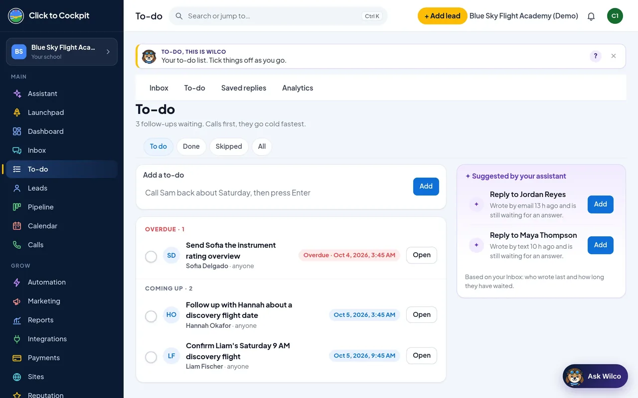 Click to Cockpit: To-do (real screen, demo school)