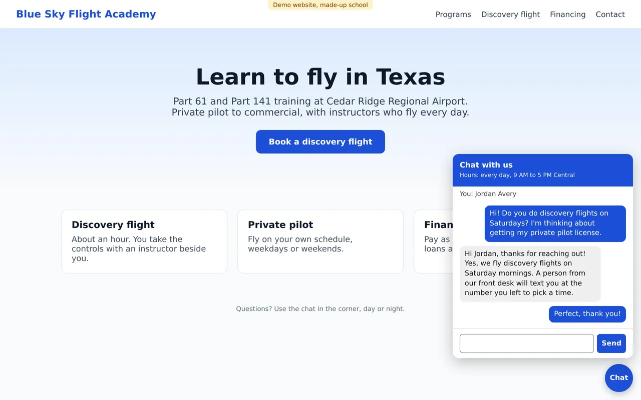 Click to Cockpit: Website chat (real screen, demo school)